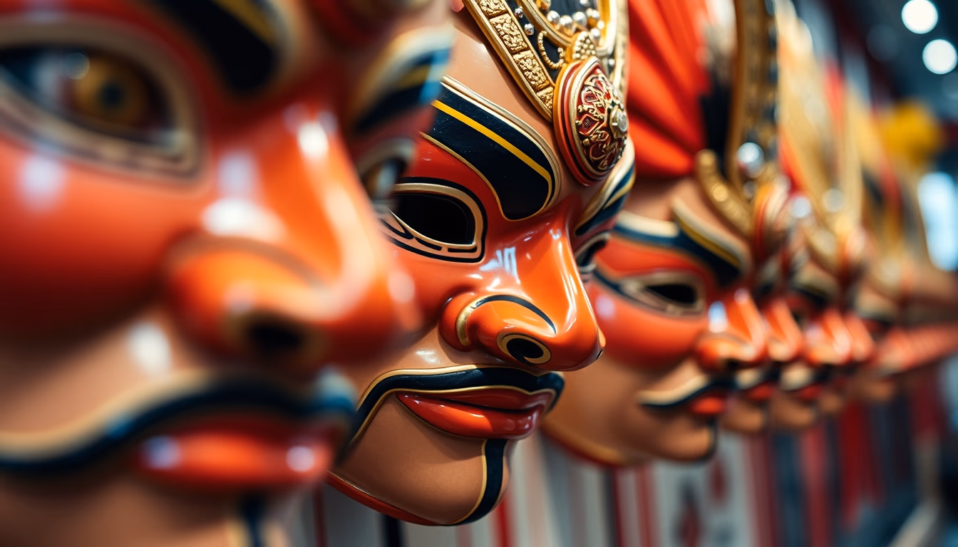 kabuki masks display in editorial style