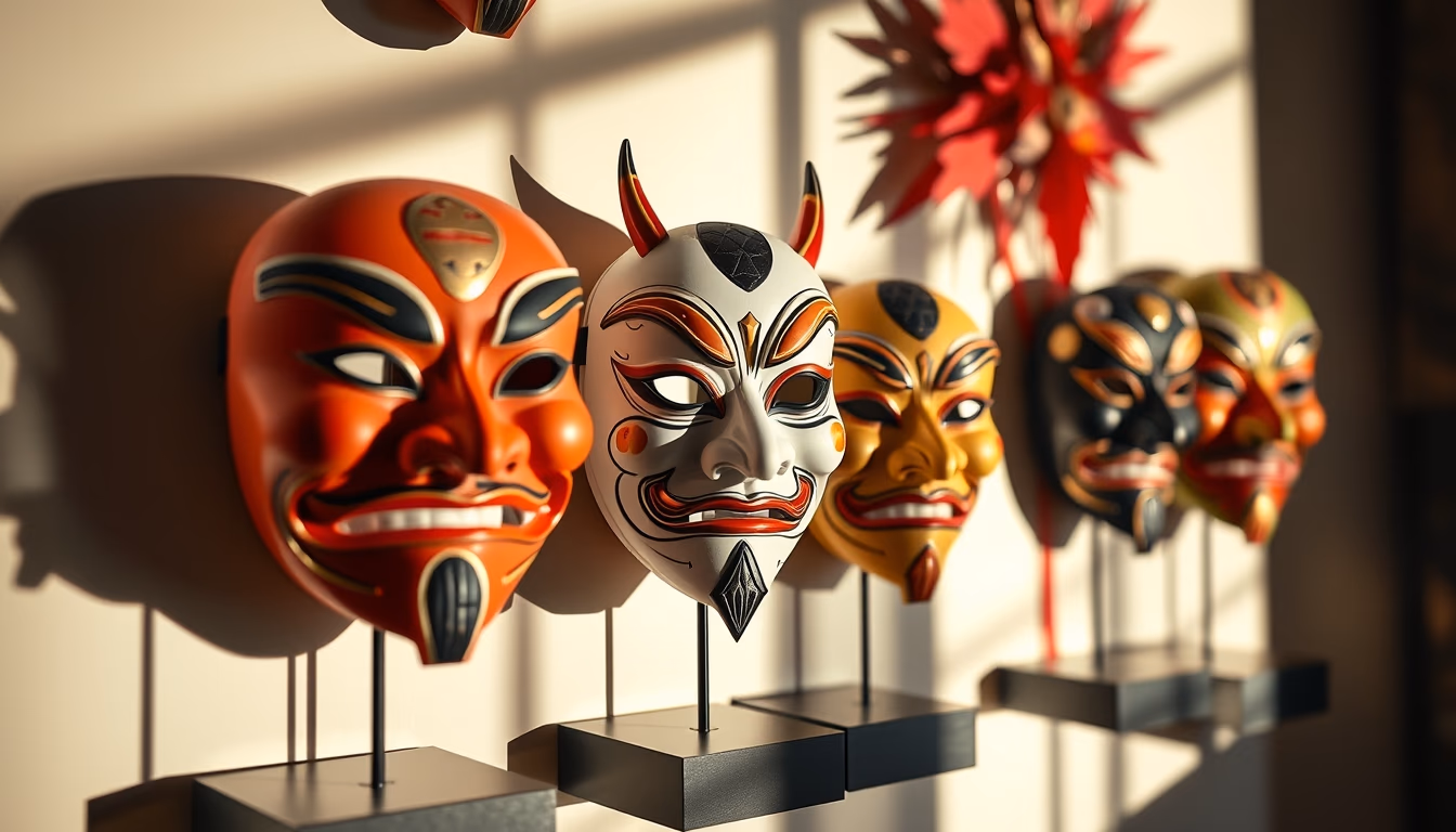kabuki masks display in editorial style