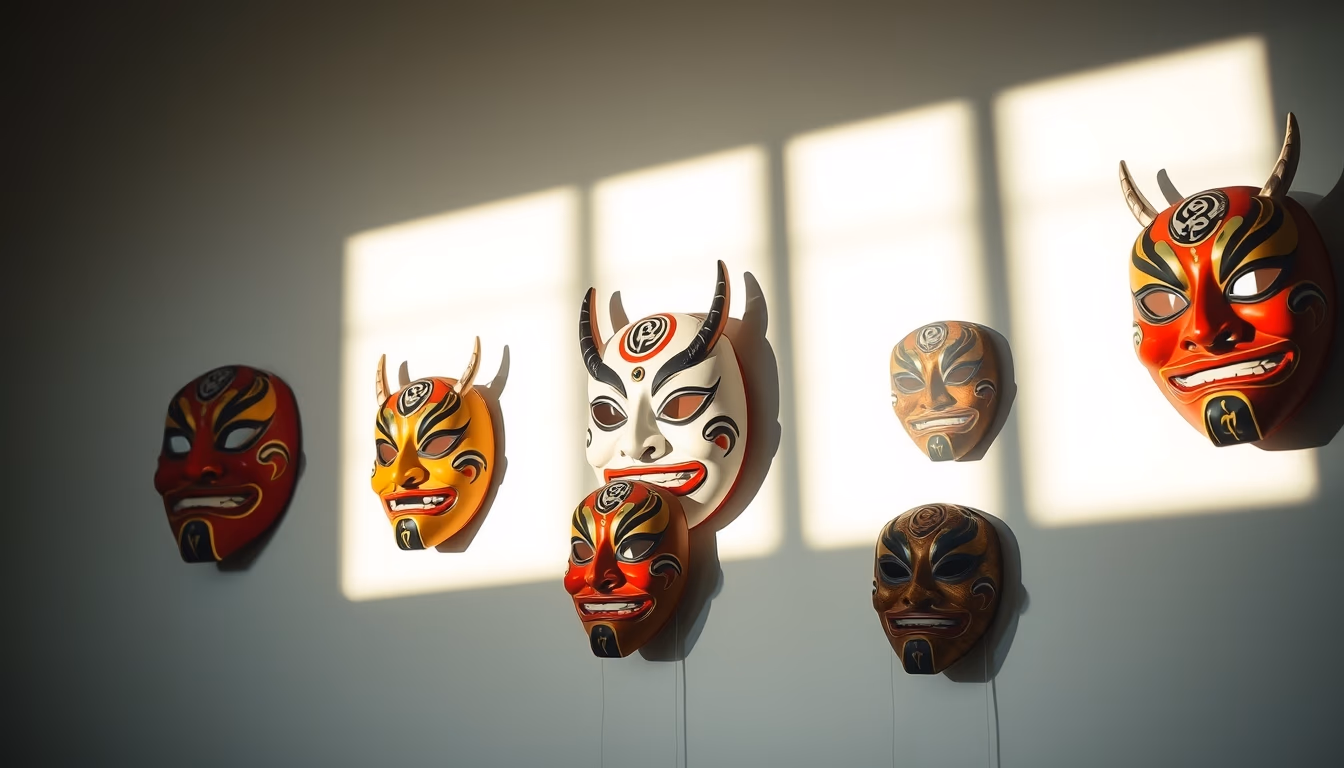 kabuki masks display in editorial style