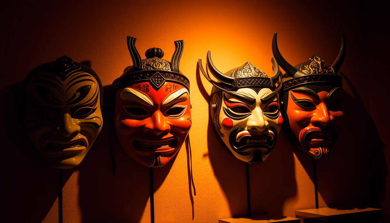 kabuki masks display in editorial style