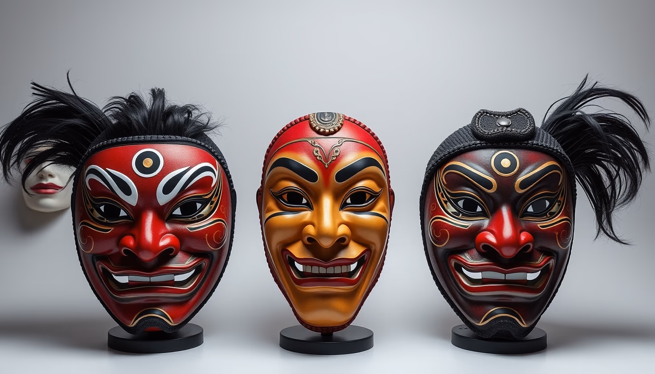 kabuki masks display in editorial style