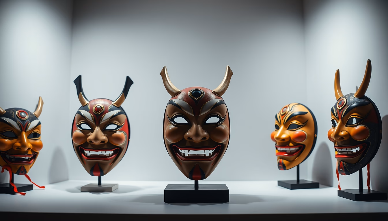 kabuki masks display in editorial style