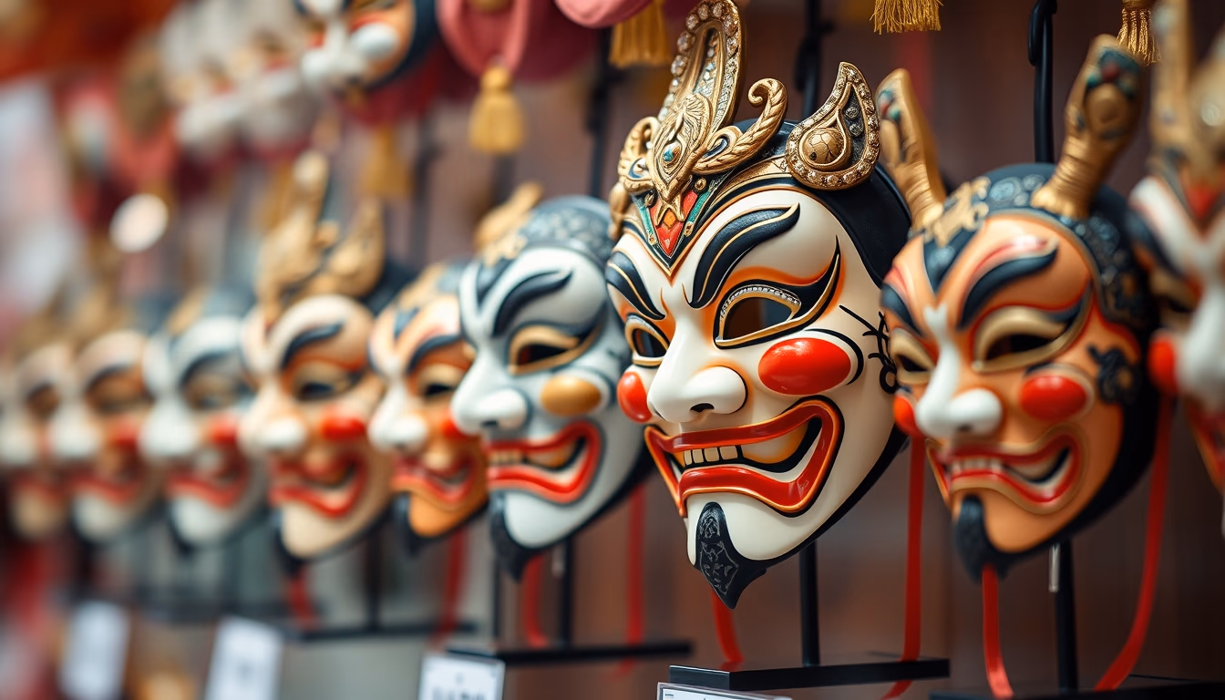 kabuki masks display in editorial style