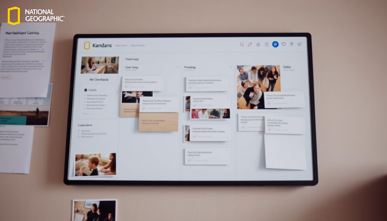 kanban board app screen in editorial style