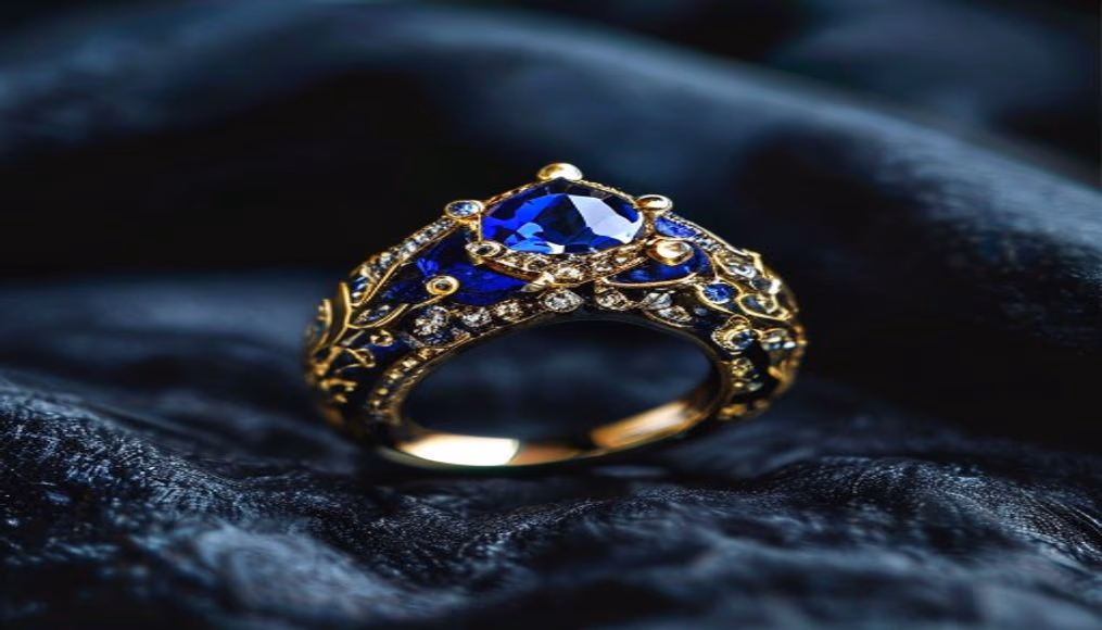 kashmir sapphire ring antique in luxury editorial photography