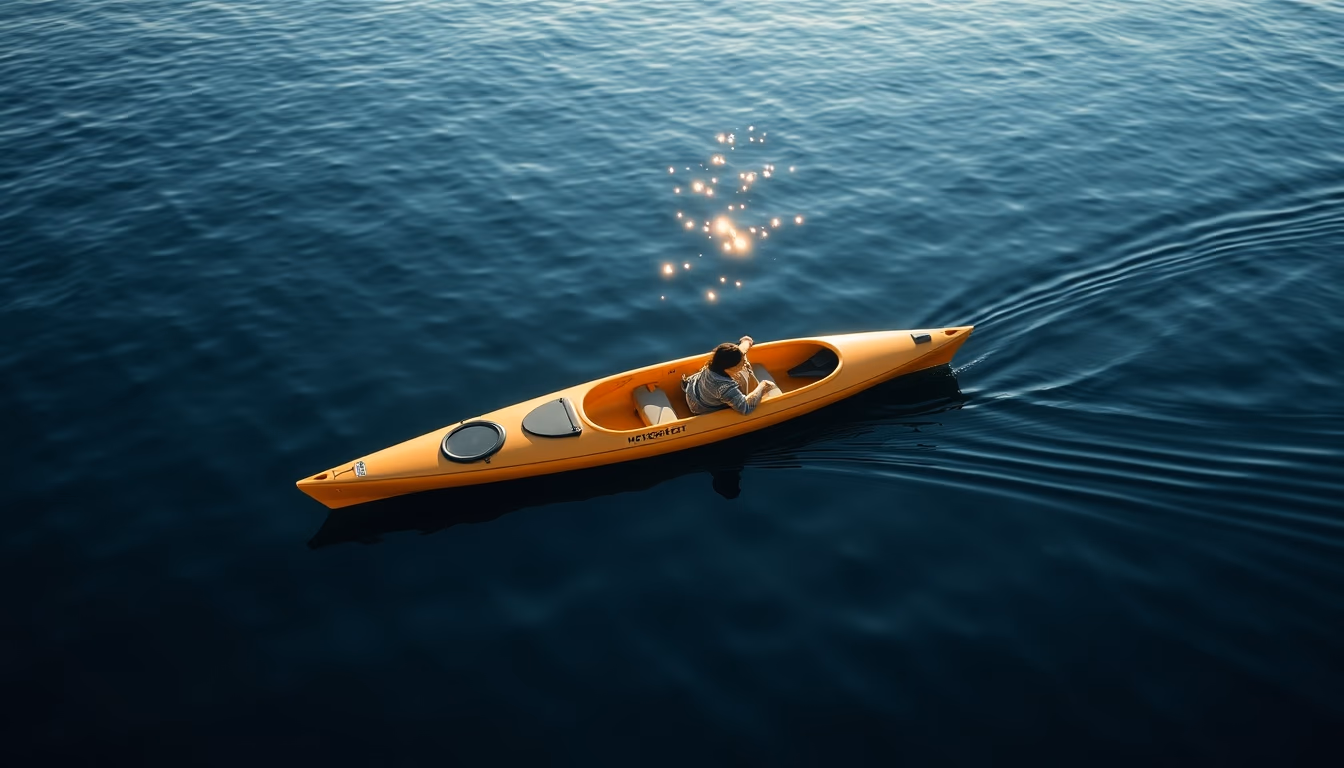 kayak on calm water in editorial style