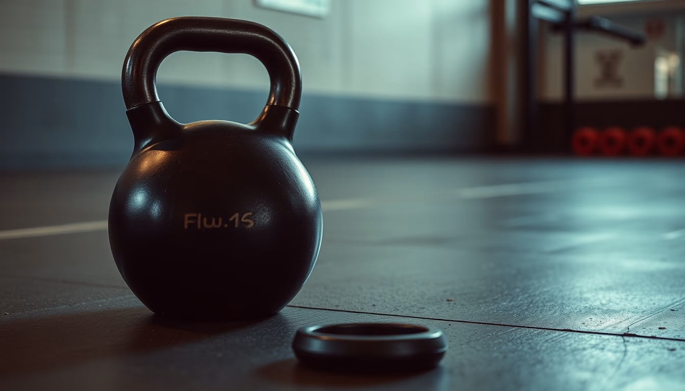 kettlebell on gym floor in editorial style