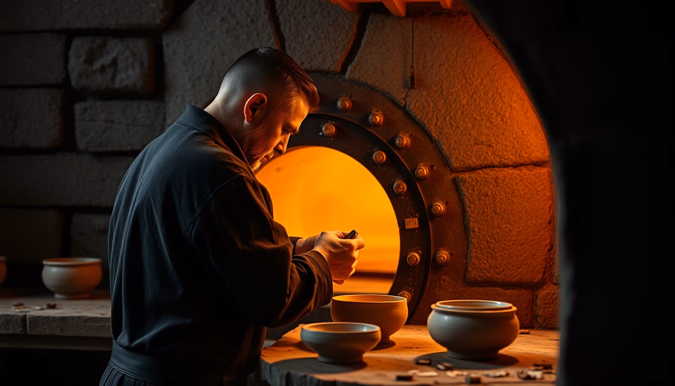 kiln pottery firing in editorial style