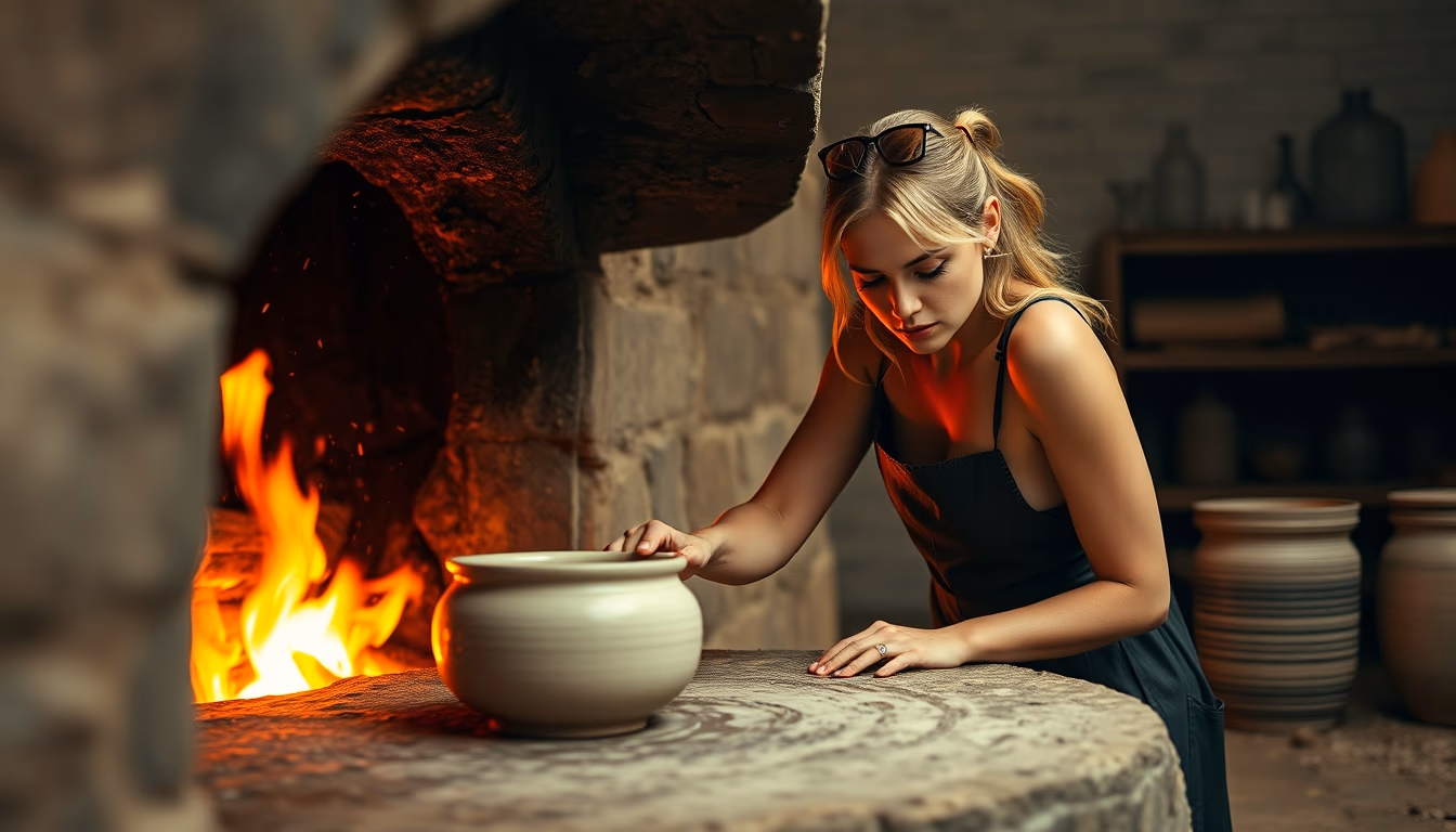 kiln pottery firing in editorial style