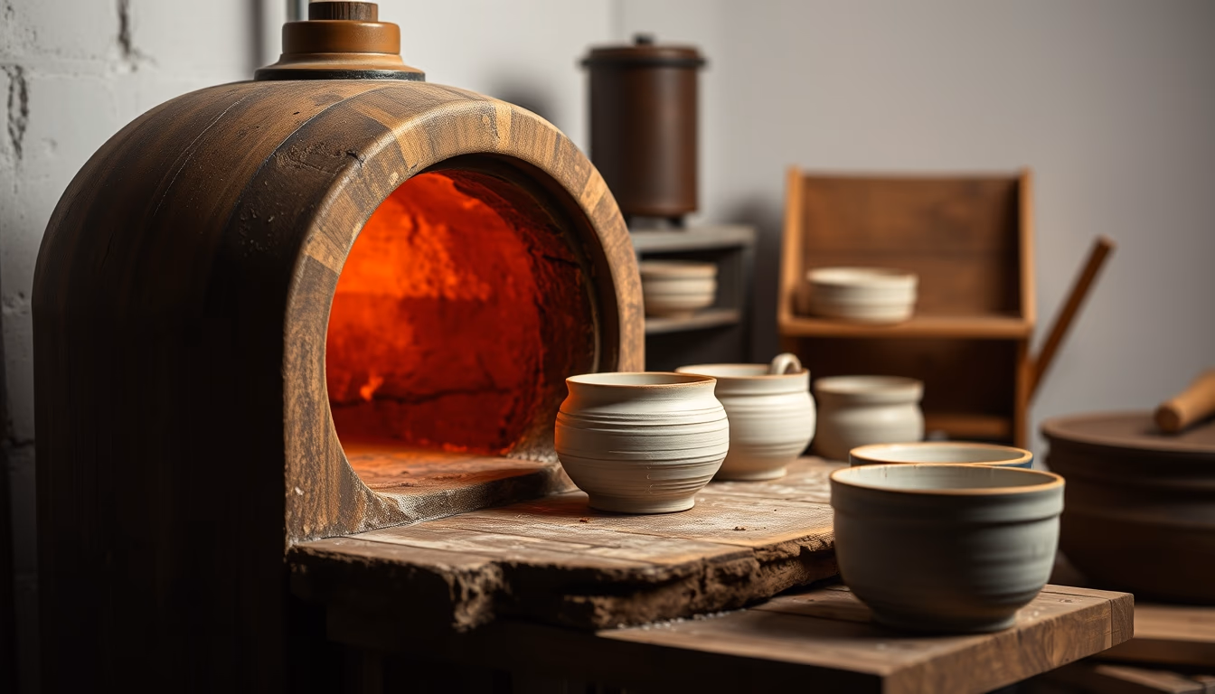 kiln pottery firing in editorial style