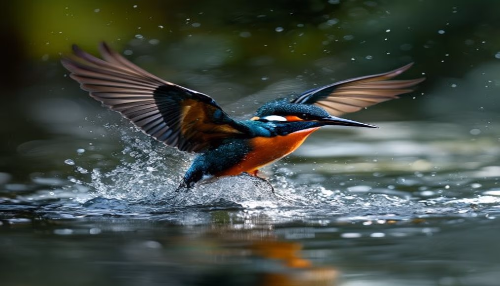 kingfisher diving water in editorial style