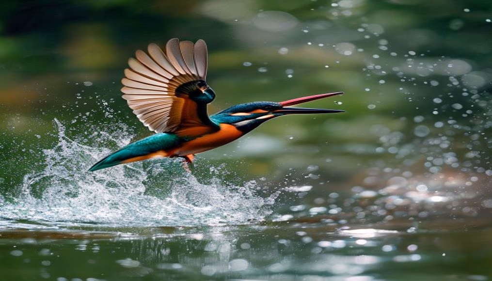 kingfisher diving water in editorial style