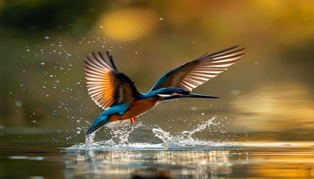 kingfisher diving water in editorial style
