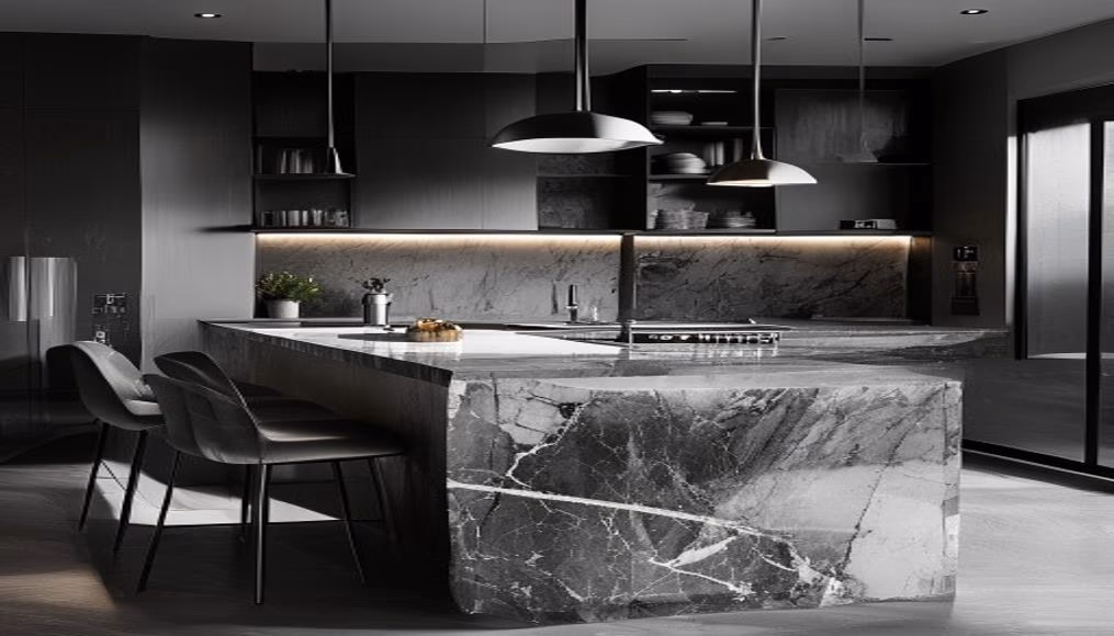 kitchen marble waterfall island in luxury editorial photography