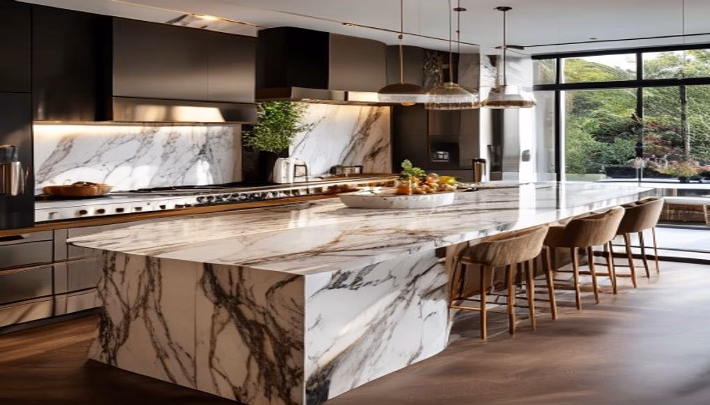 Kitchen marble waterfall island em fotografia editorial de luxo