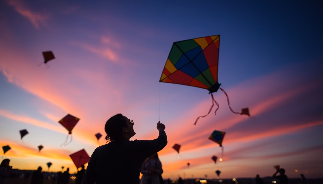 kite festival sky colorful in editorial style