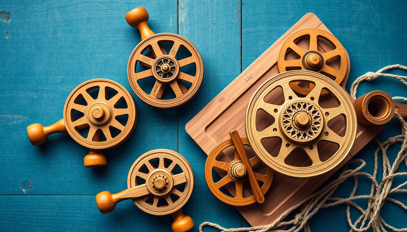 kite reels wooden in editorial style