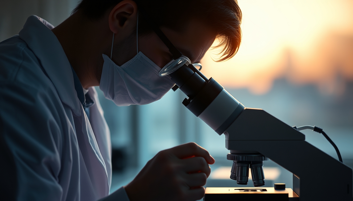 lab technician looking through microscope in editorial style