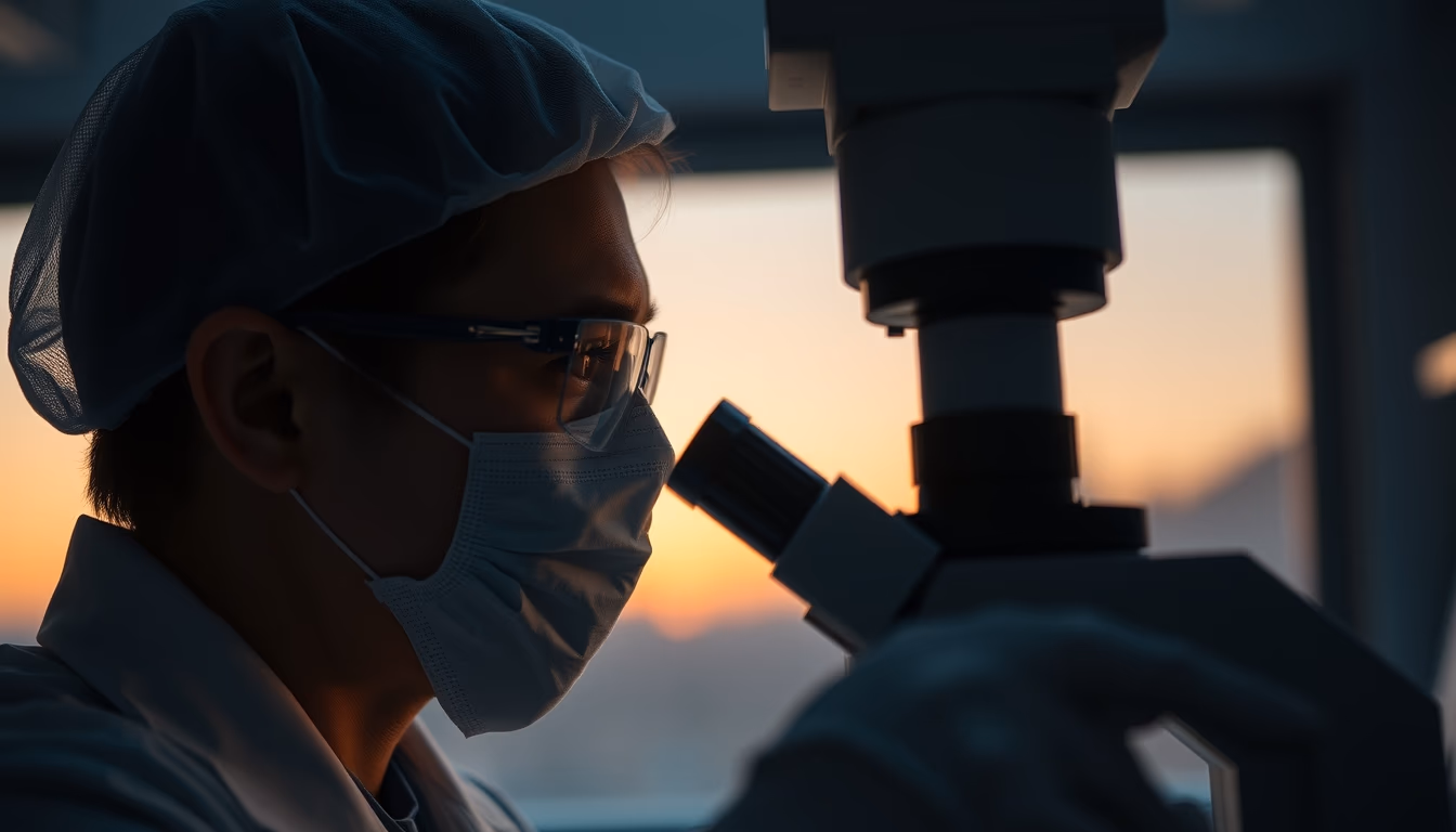 lab technician looking through microscope in editorial style