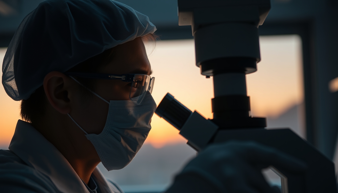 lab technician looking through microscope in editorial style