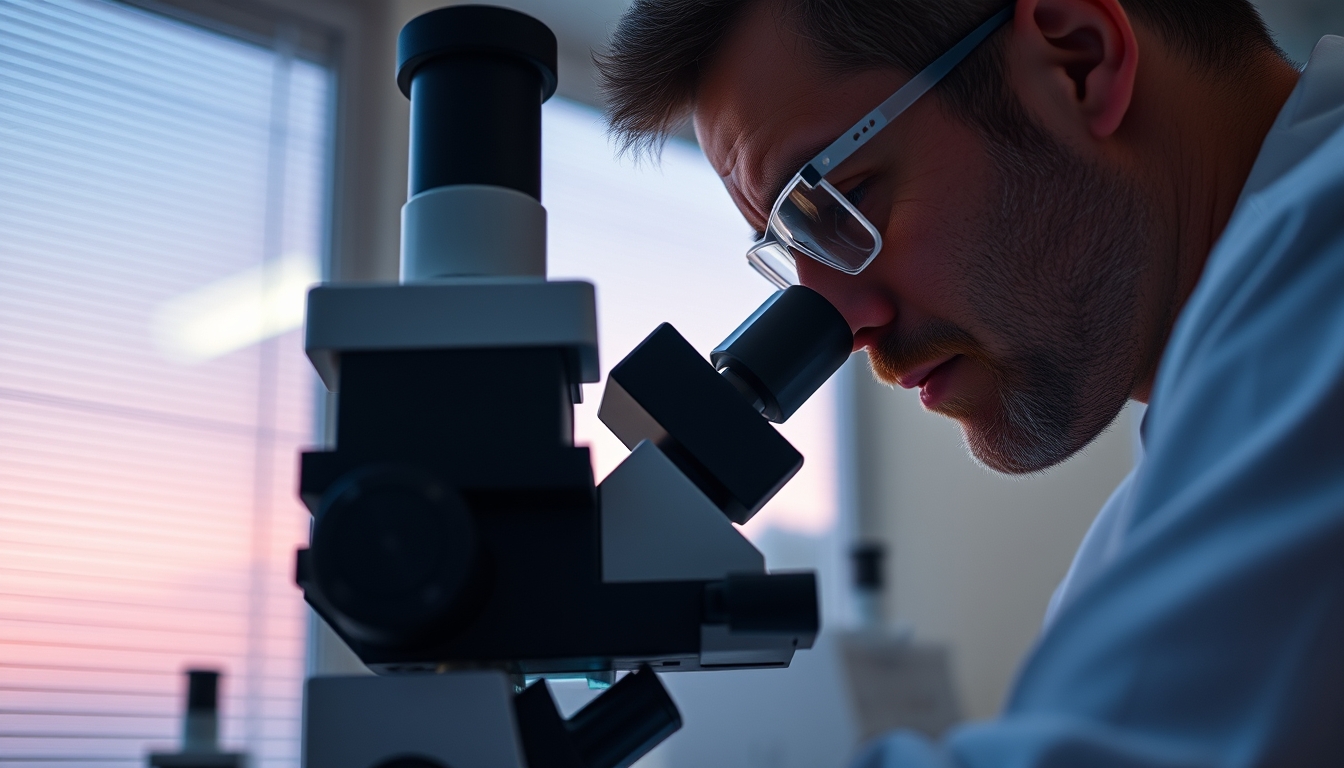 lab technician looking through microscope in editorial style
