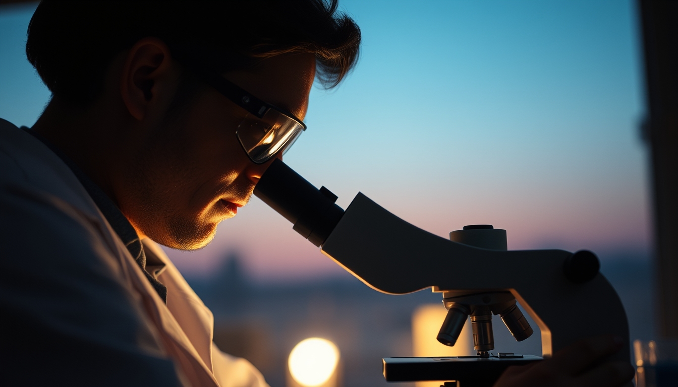 lab technician looking through microscope in editorial style