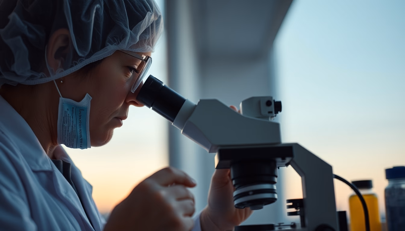 lab technician looking through microscope in editorial style