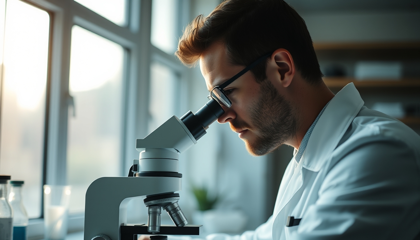 lab technician looking through microscope in editorial style