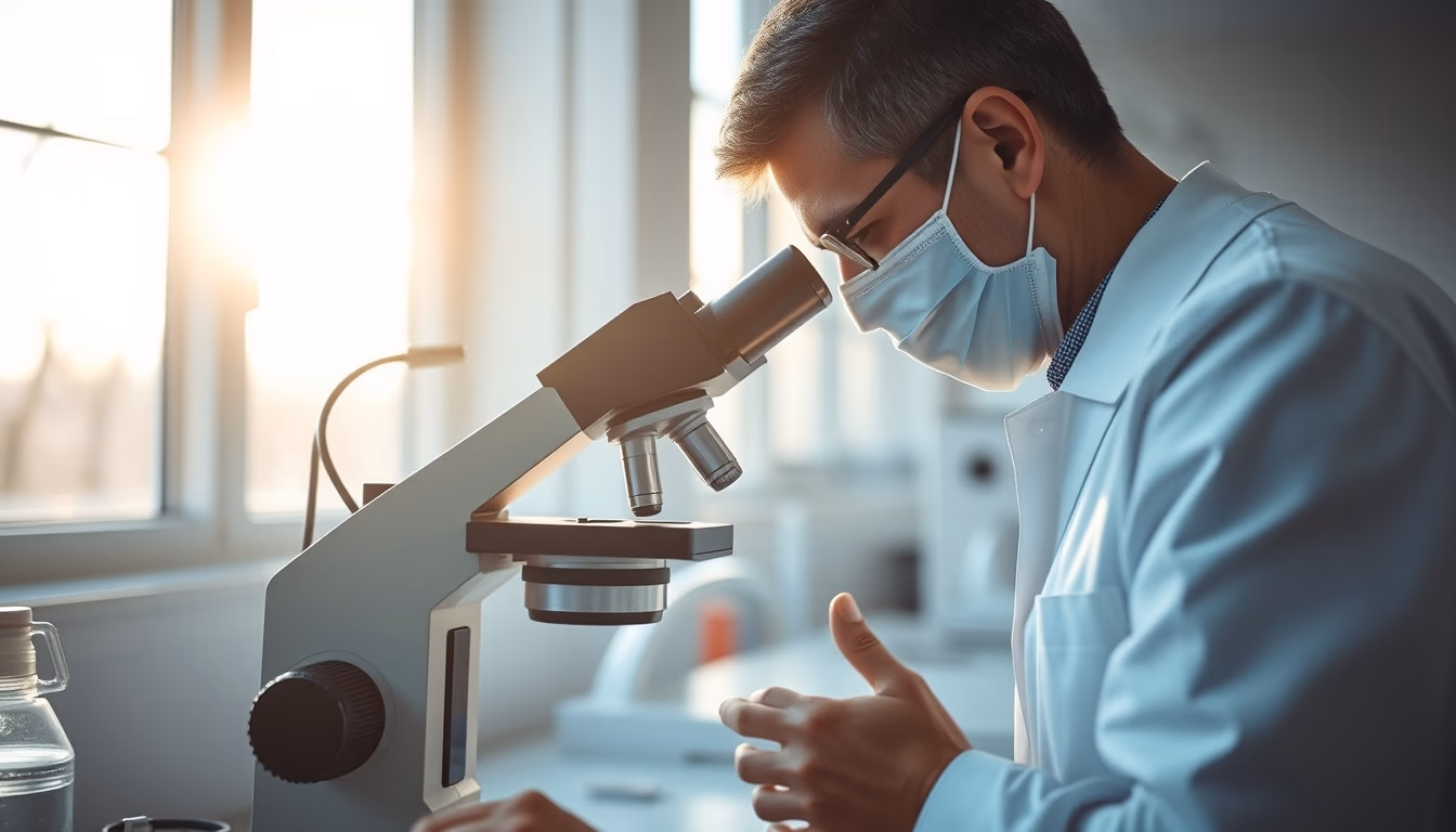 lab technician looking through microscope in editorial style