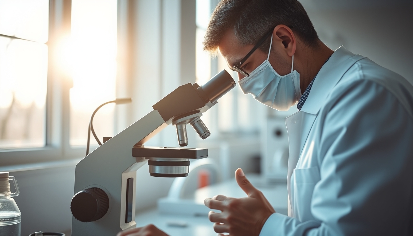 lab technician looking through microscope in editorial style