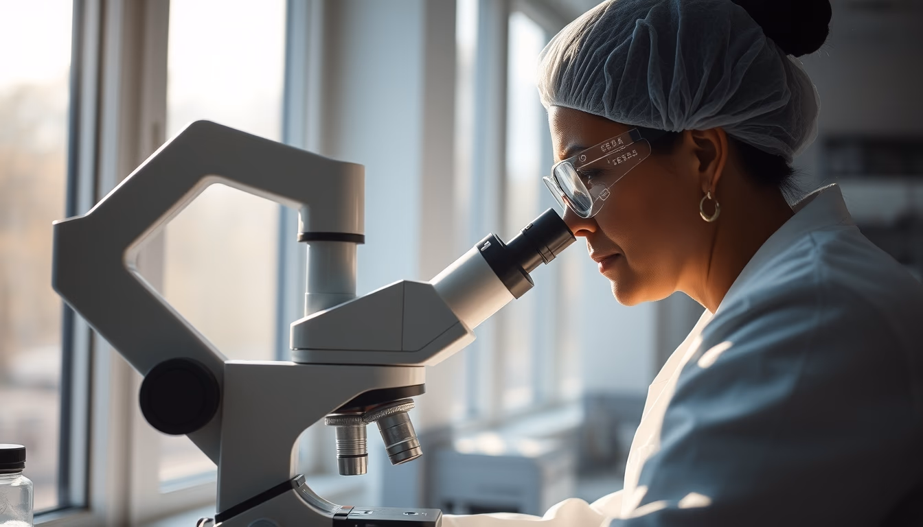 lab technician looking through microscope in editorial style