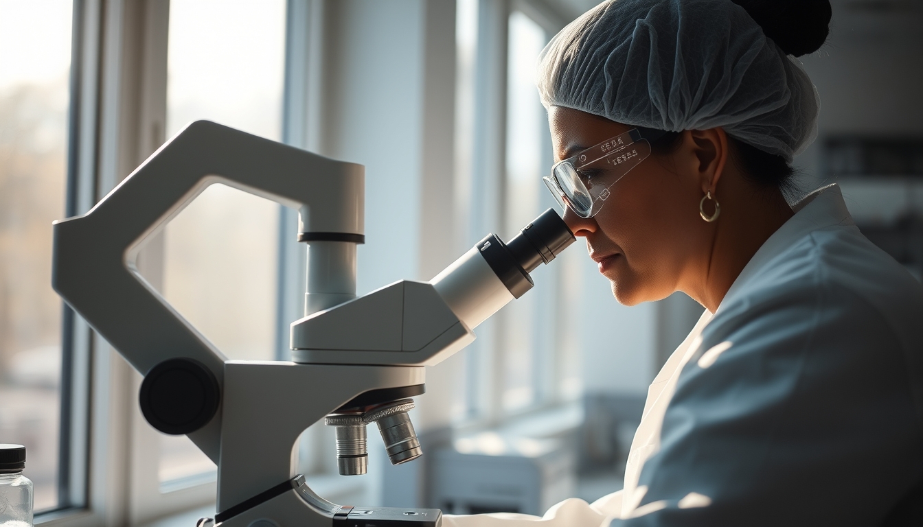 lab technician looking through microscope in editorial style