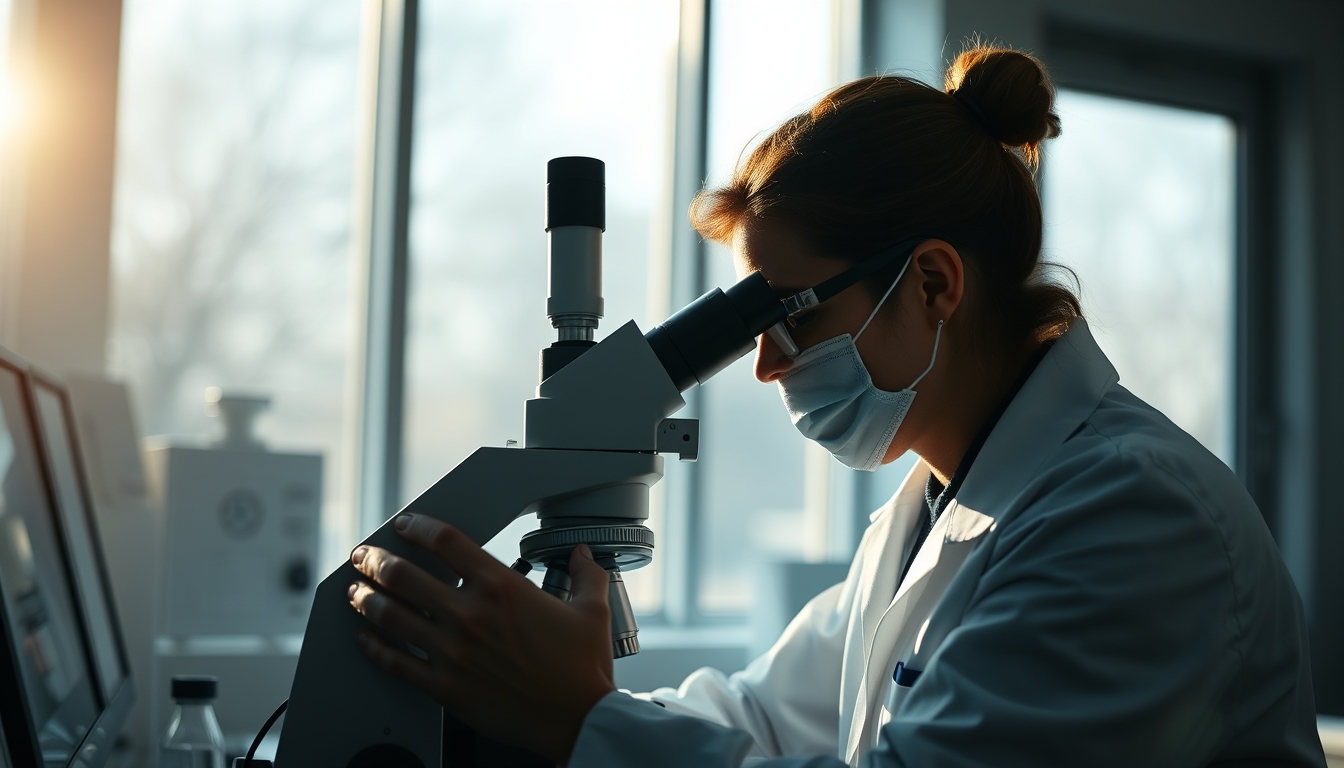 lab technician looking through microscope in editorial style
