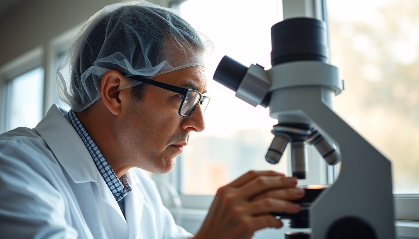 lab technician looking through microscope in editorial style