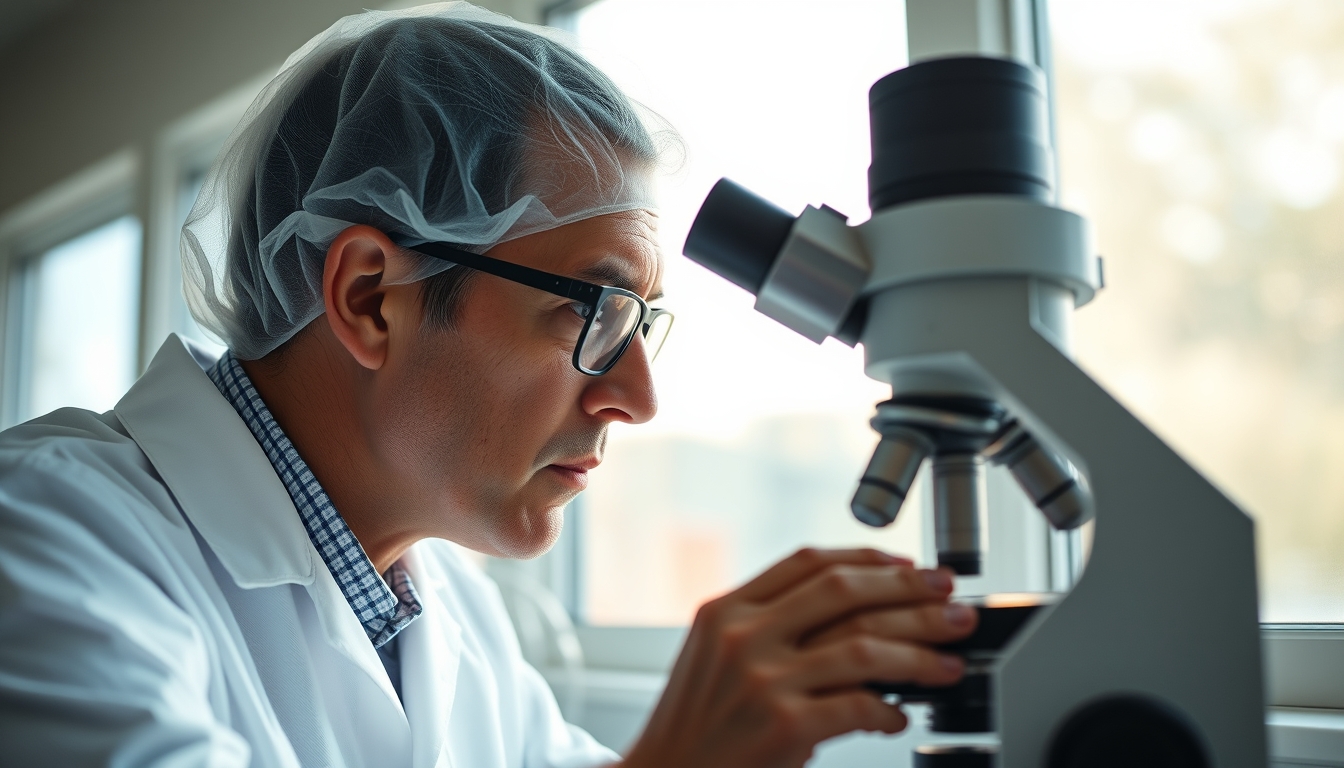 lab technician looking through microscope in editorial style