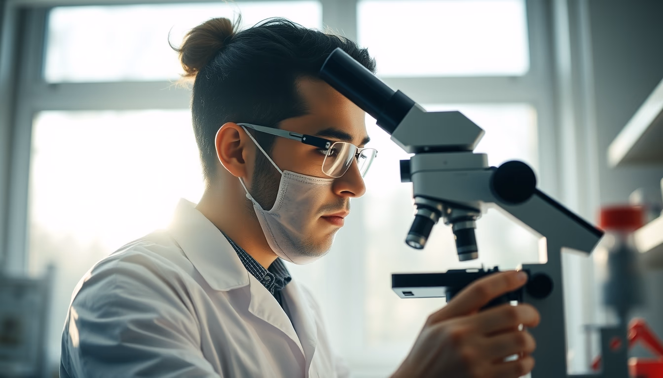 lab technician looking through microscope in editorial style