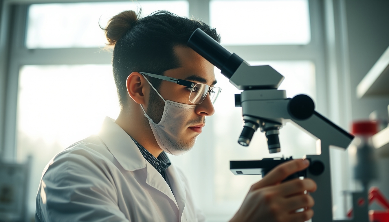 lab technician looking through microscope in editorial style