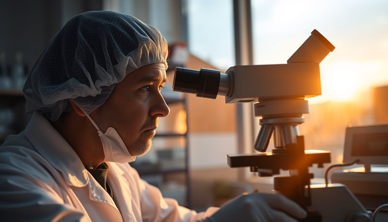 lab technician looking through microscope in editorial style