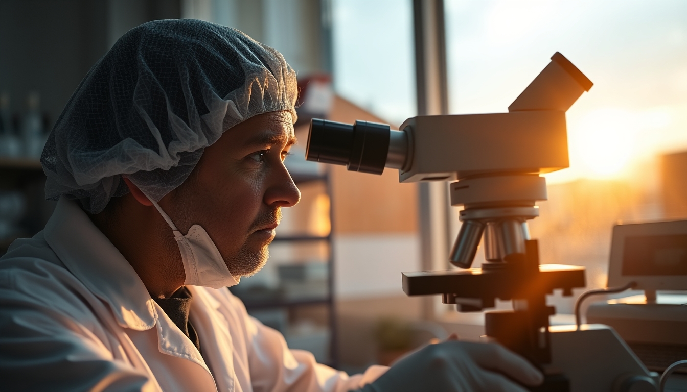 lab technician looking through microscope in editorial style