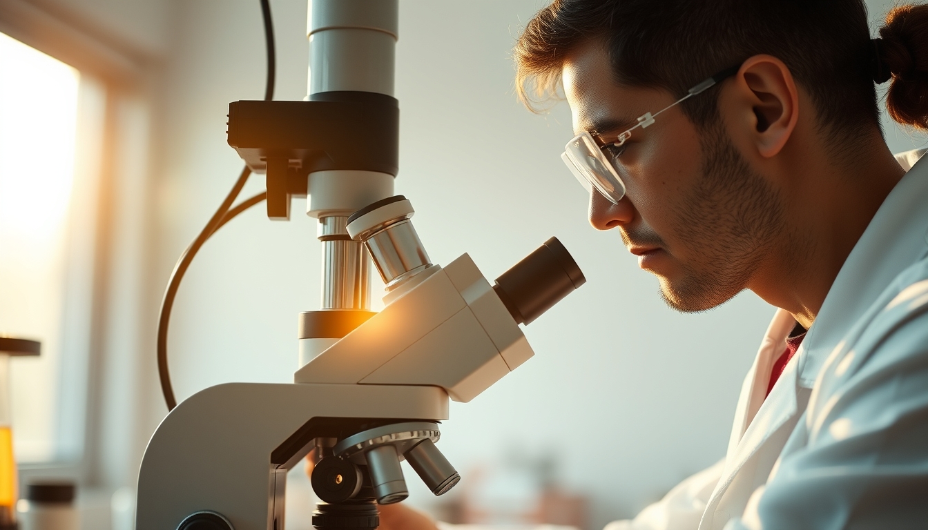lab technician looking through microscope in editorial style