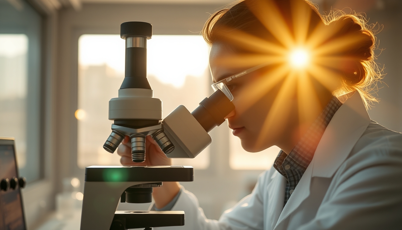 lab technician looking through microscope in editorial style