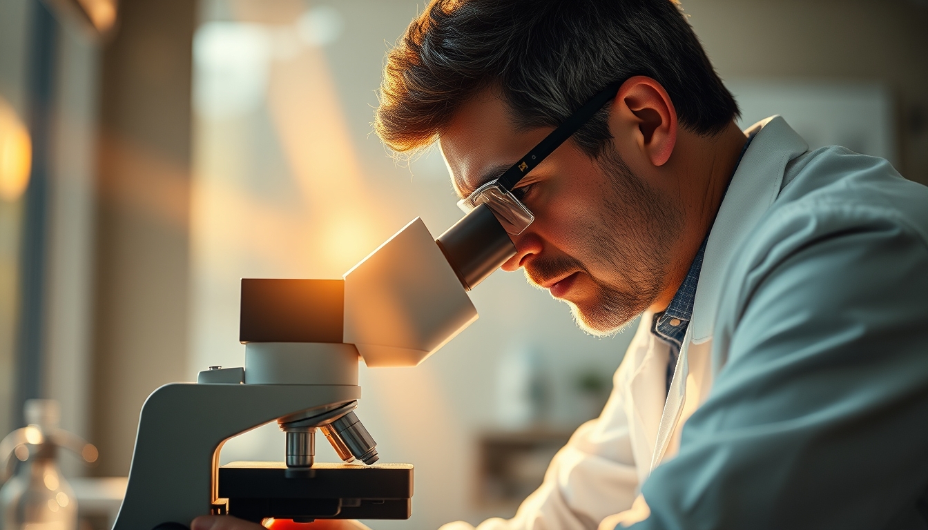 lab technician looking through microscope in editorial style