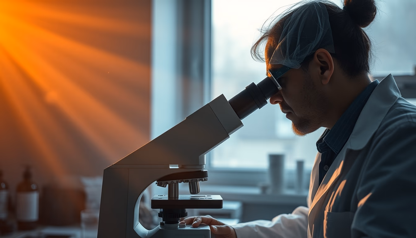 lab technician looking through microscope in editorial style