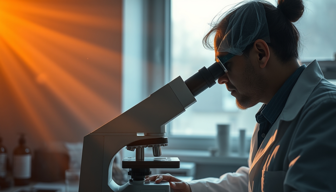 lab technician looking through microscope in editorial style