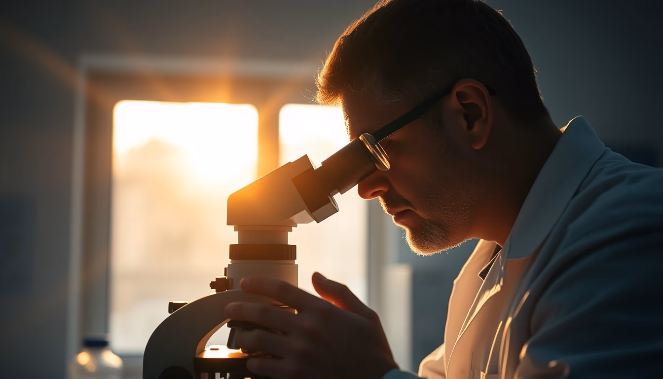 lab technician looking through microscope in editorial style