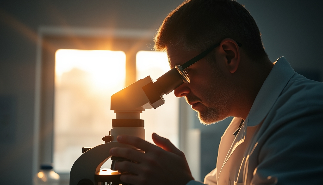 lab technician looking through microscope in editorial style