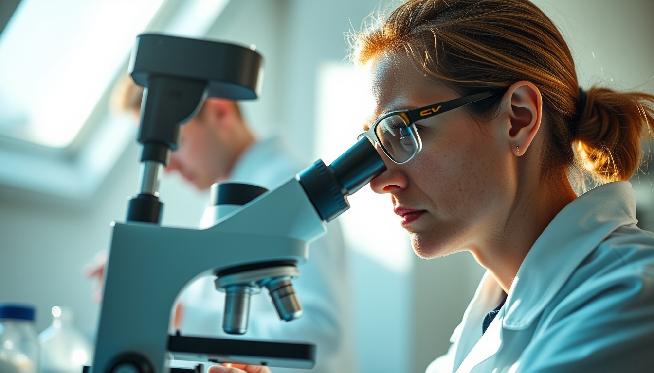 lab technician looking through microscope in editorial style