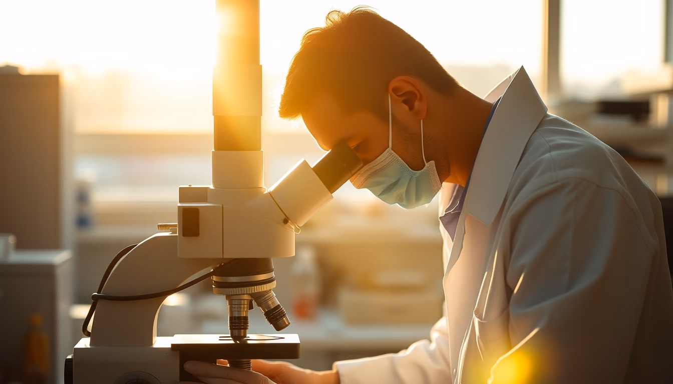 lab technician looking through microscope in editorial style
