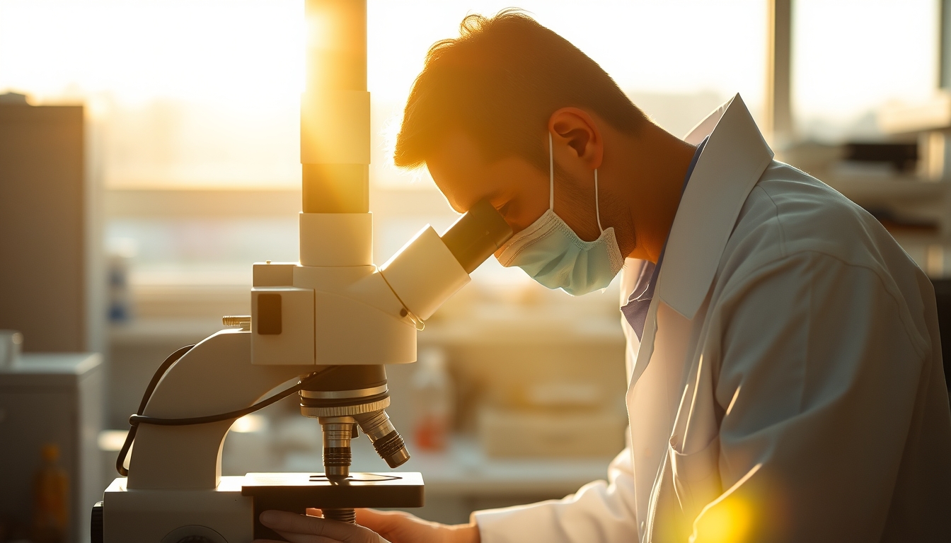 lab technician looking through microscope in editorial style