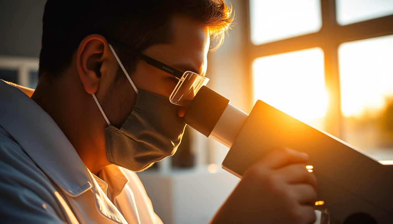 lab technician looking through microscope in editorial style